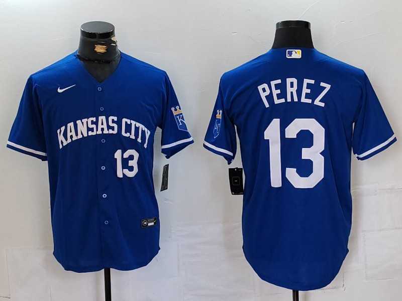 Men%27s Kansas City Royals #13 Salvador Perez Number Royal Cool Base Stitched Jersey->cincinnati reds->MLB Jersey